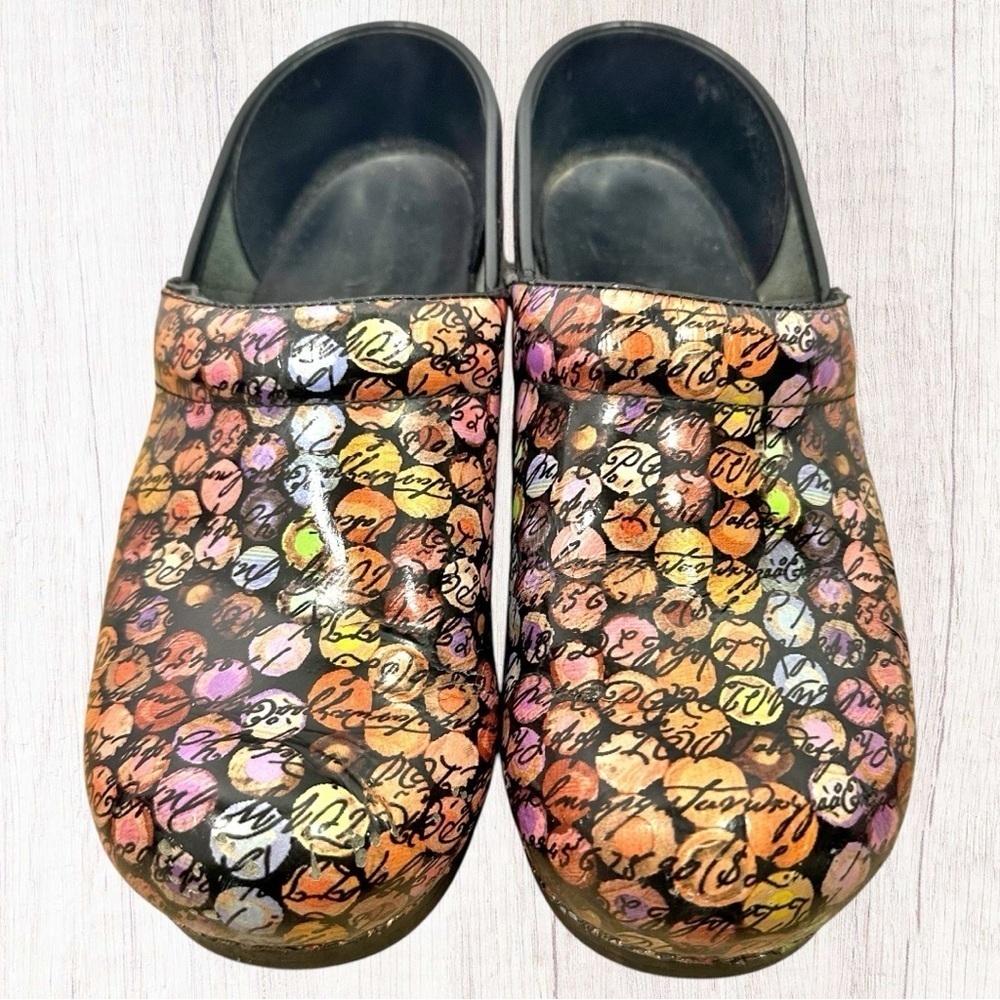 Dansko- Multi Color Dot w/ Script Printed Stapled Leather Classic Clog- Size 39 - Picture 2 of 10